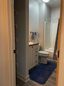 Bathroom with linen shelves on left